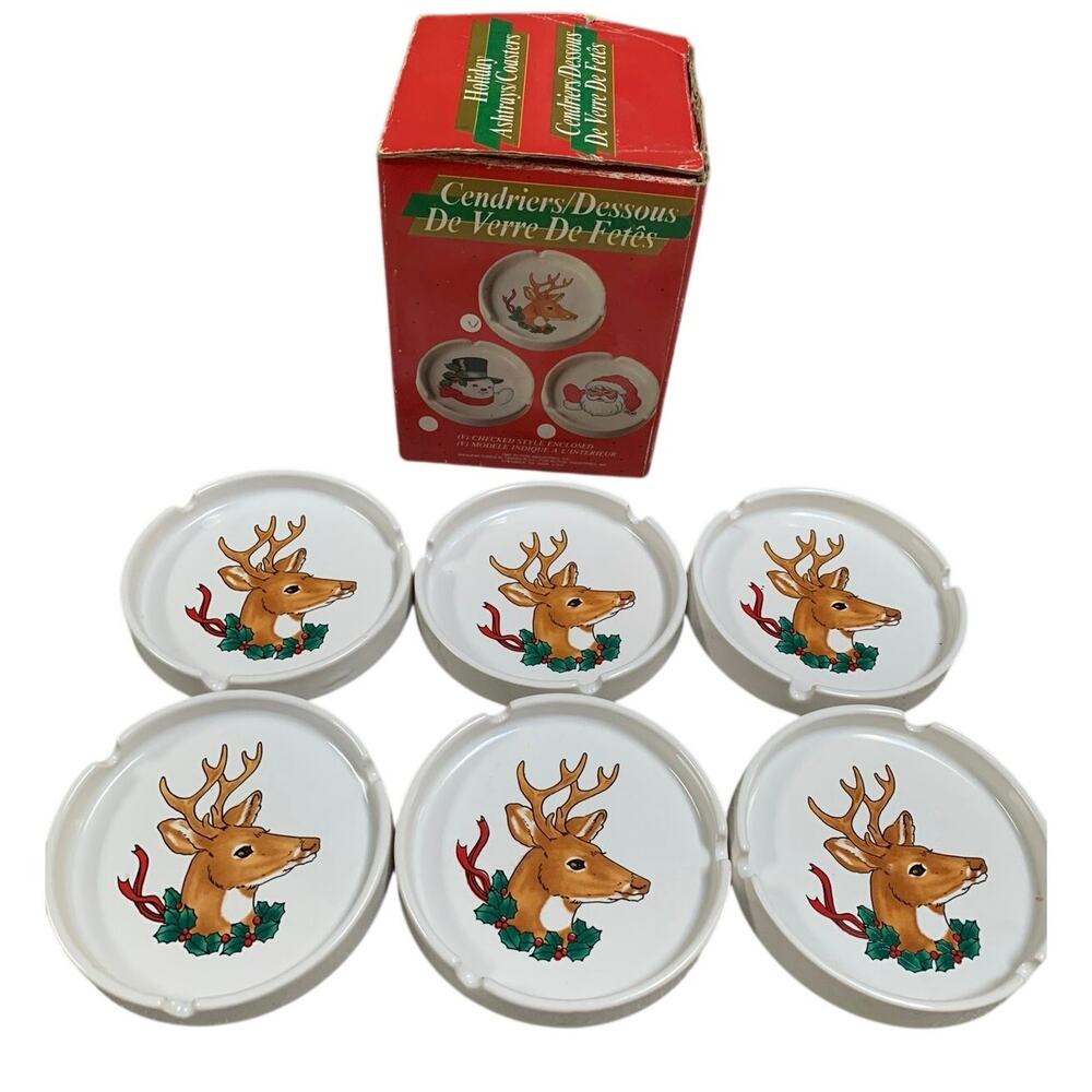 Vintage Holiday Porcelain Reindeer Ashtrays or Coasters Set of 6 In Box